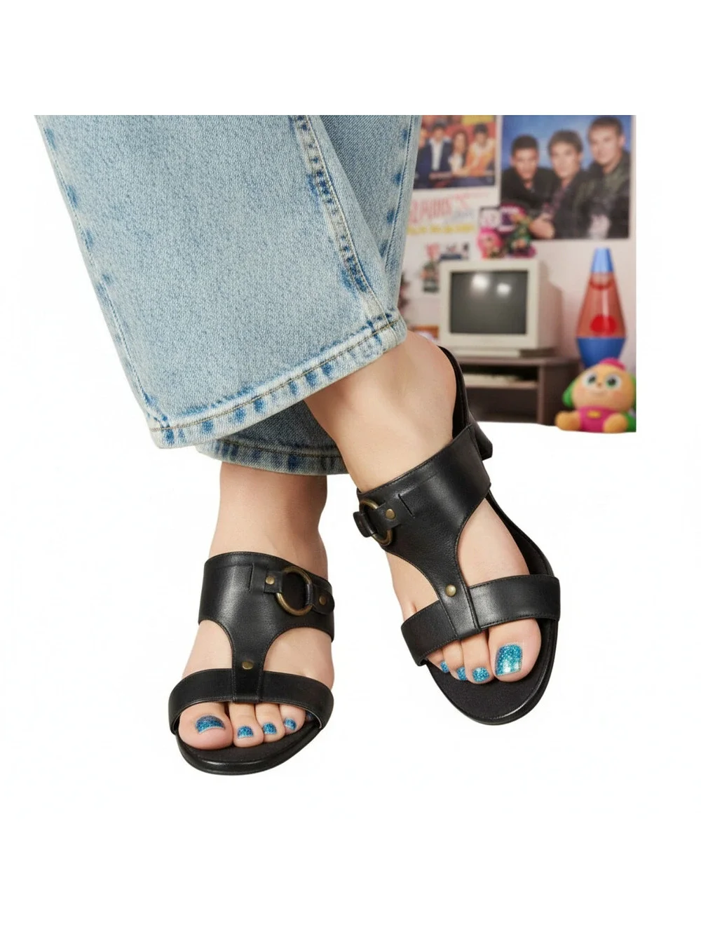 Aerosoles Black Leather Mule Sandals Heeled Slides Size 9.5M